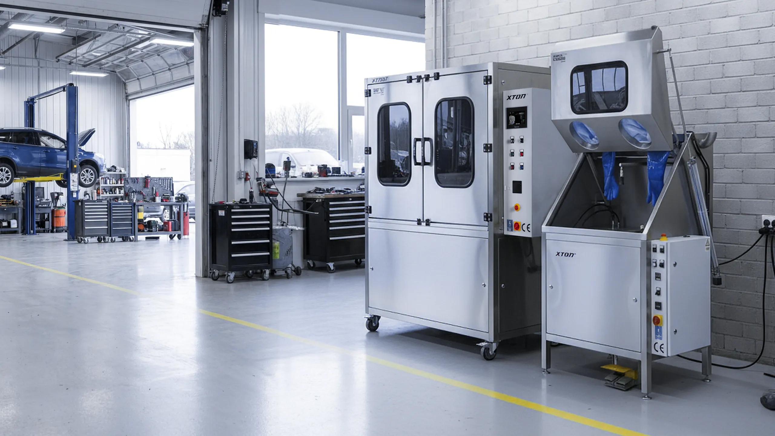 Macchine XTON per il lavaggio dei componenti e la sabbiatura in un'officina